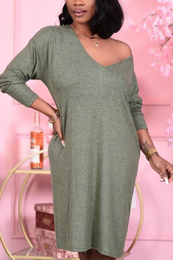 Casual  Loose Solid V Neck Dresses