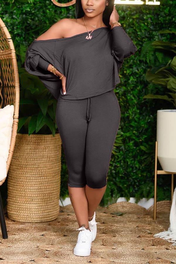 Casual Oblique Collar Solid Color Pants Set