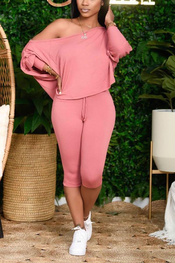 Casual Oblique Collar Solid Color Pants Set