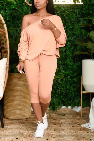 Casual Oblique Collar Solid Color Pants Set
