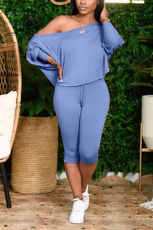 Casual Oblique Collar Solid Color Pants Set
