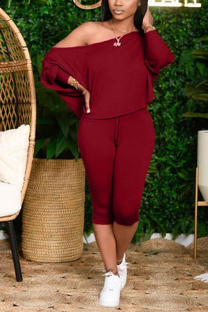 Casual Oblique Collar Solid Color Pants Set