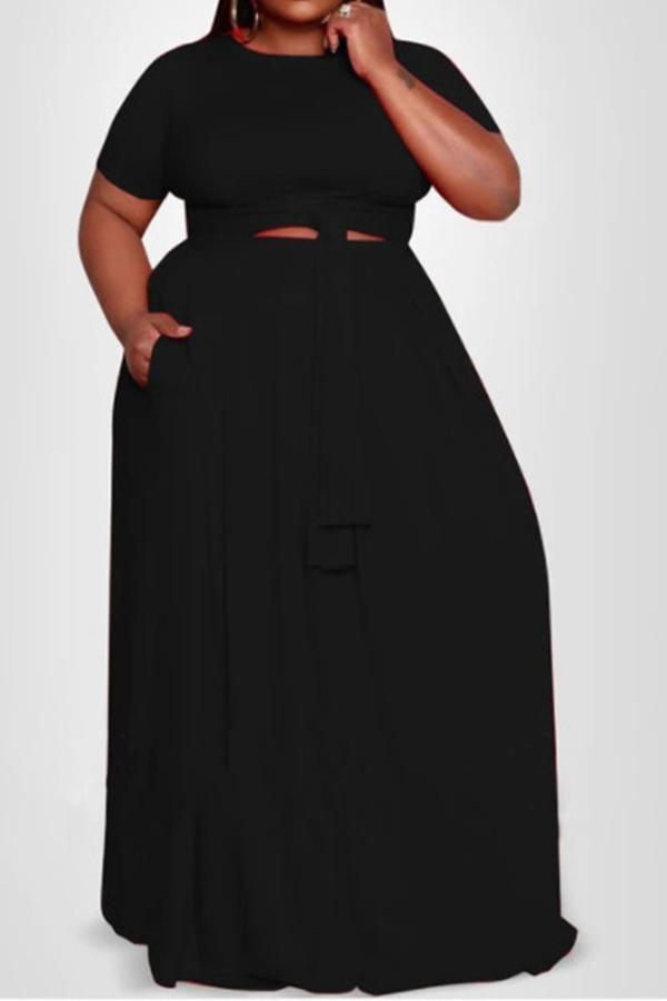 Casual Plus Size Lace Up Floor Length Dress