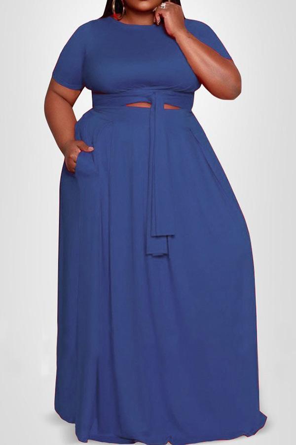 Casual Plus Size Lace Up Floor Length Dress