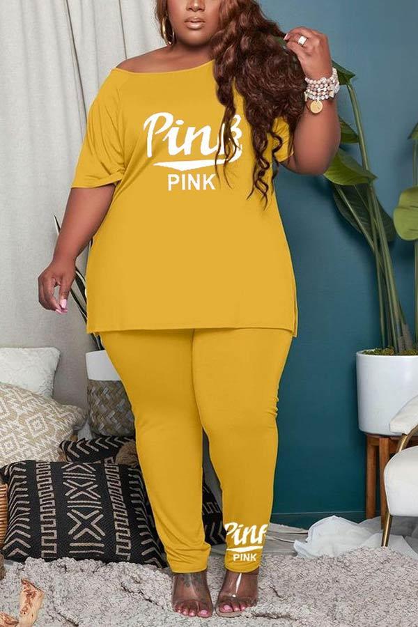 Casual Plus Size Letter Print Trousers Set