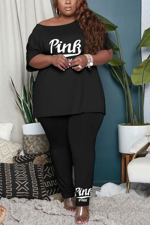 Casual Plus Size Letter Print Trousers Set