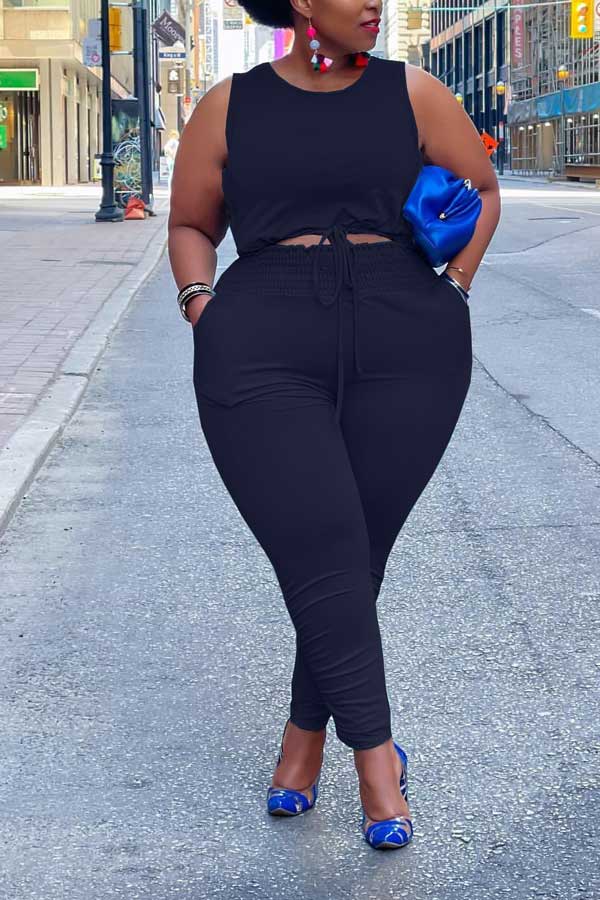 Casual Plus Size Solid Color Vest Trousers Set