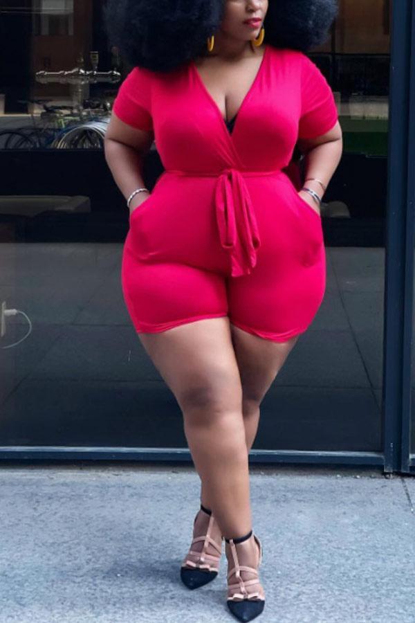 Casual Plus Size V-Neck Pocket Romper