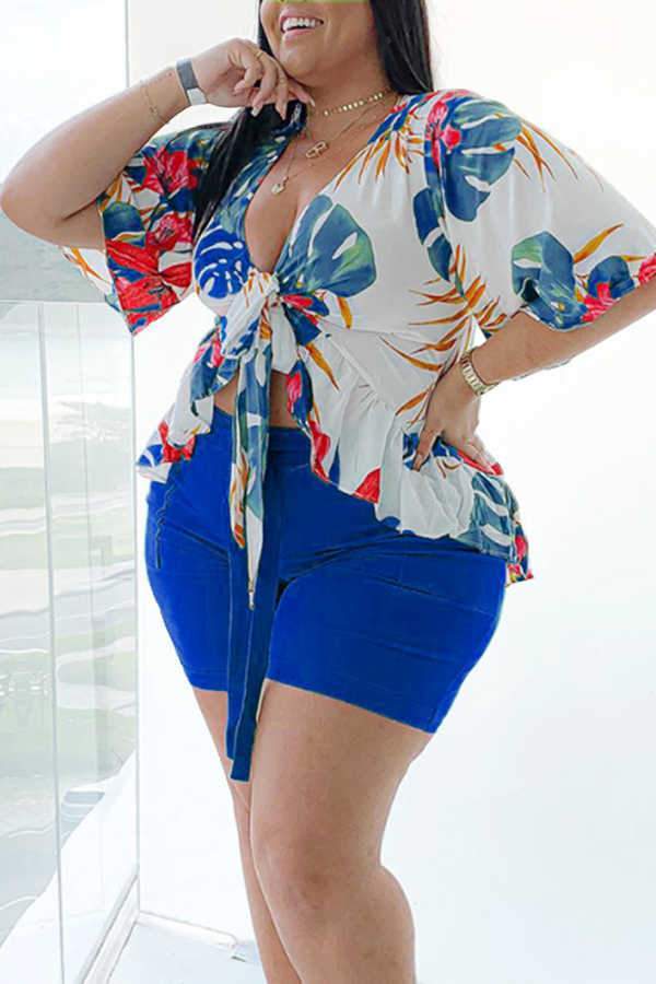 Casual Print Deep V Blouse Shorts Set