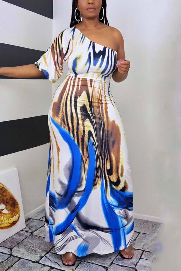 Casual Printed One shoulder Long Dress