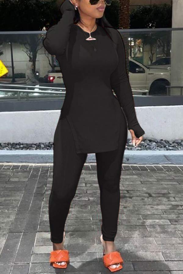 Casual Slim Solid Color Round Neck Two Pieces