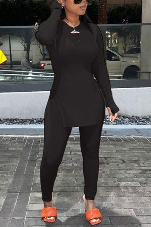 Casual Slim Solid Color Round Neck Two Pieces