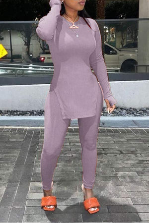 Casual Slim Solid Color Round Neck Two Pieces