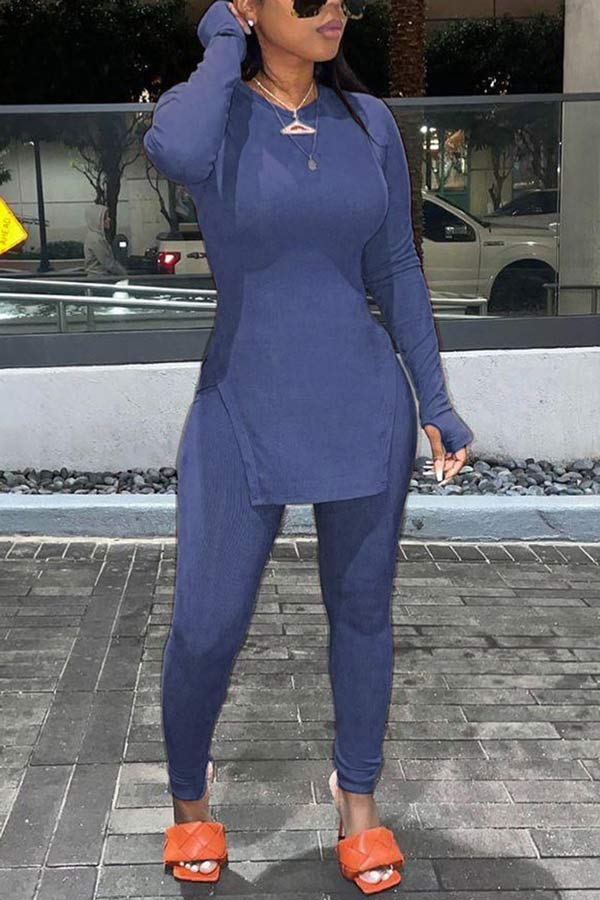 Casual Slim Solid Color Round Neck Two Pieces