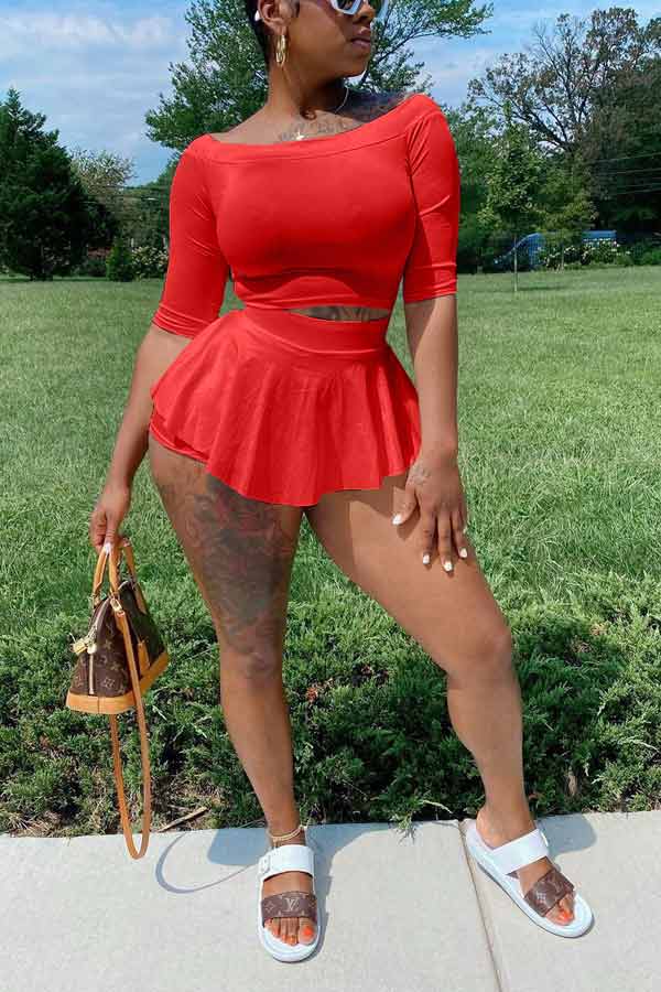Casual Slim Solid Color T-shirt Skirt Set