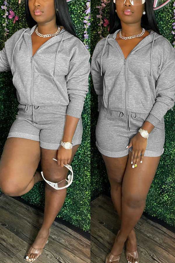 Casual Solid Color Hoodie Shorts Set