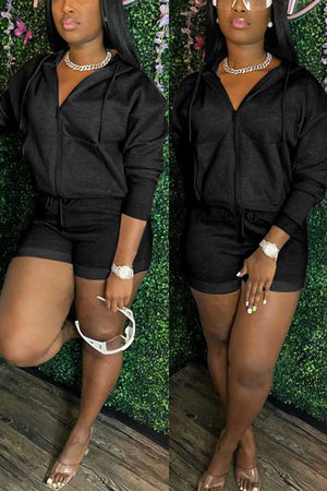 Casual Solid Color Hoodie Shorts Set