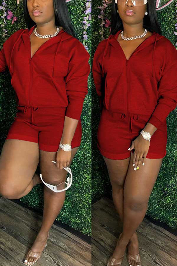 Casual Solid Color Hoodie Shorts Set