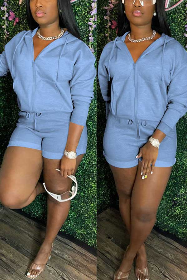 Casual Solid Color Hoodie Shorts Set