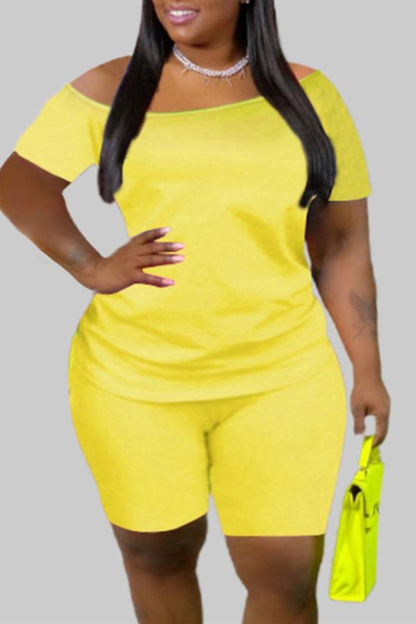 Casual Solid Color Plus Size Shorts Set