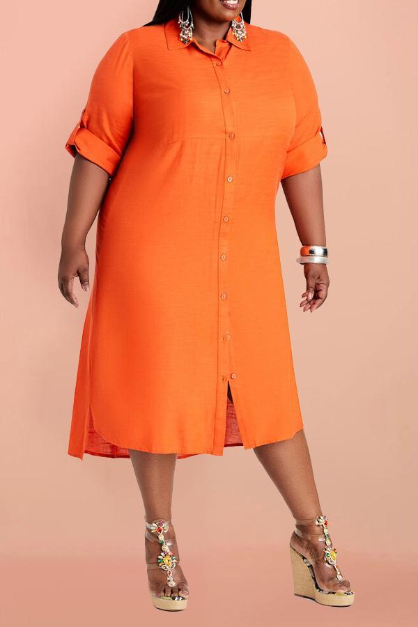 Casual Solid Color Shirt Collar Midi Dress