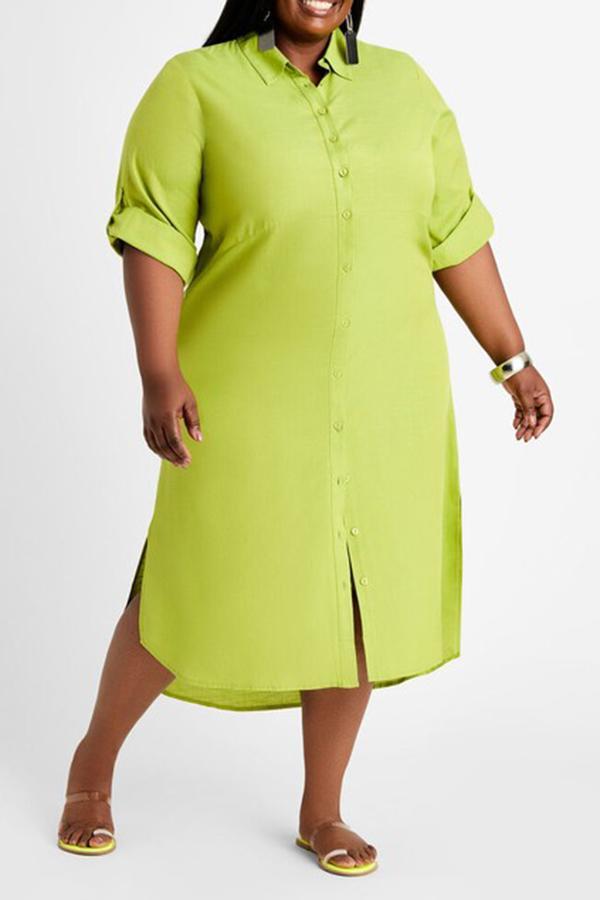 Casual Solid Color Shirt Collar Midi Dress