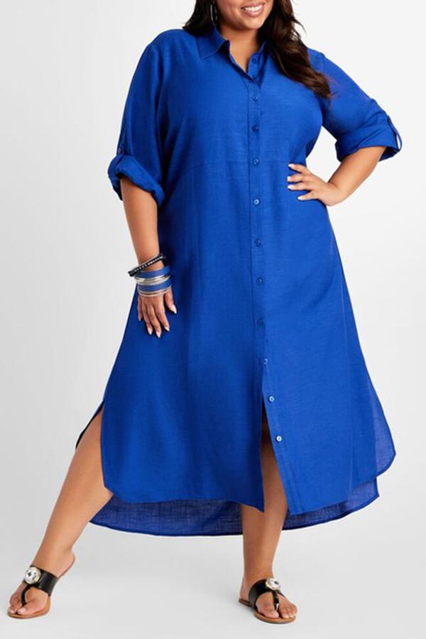Casual Solid Color Shirt Collar Midi Dress