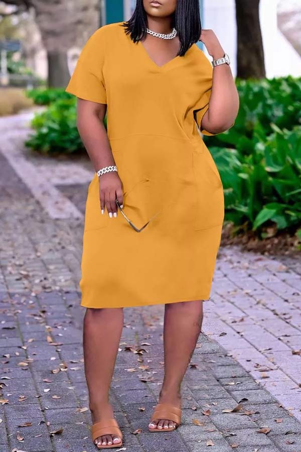 Casual Solid Color V Neck Short Sleeve Dress