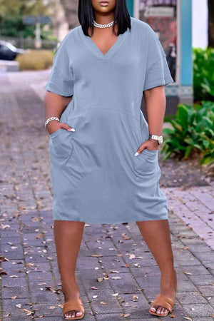 Casual Solid Color V Neck Short Sleeve Dress