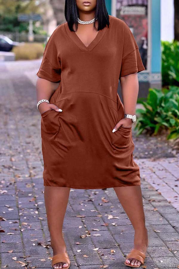 Casual Solid Color V Neck Short Sleeve Dress