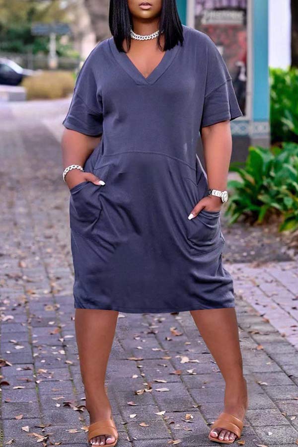 Casual Solid Color V Neck Short Sleeve Dress