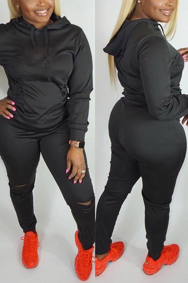 Casual Solid Hooded Collar Plus Size Set