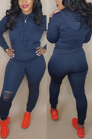 Casual Solid Hooded Collar Plus Size Set