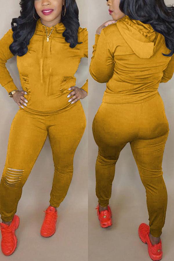 Casual Solid Hooded Collar Plus Size Set