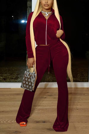 Casual Solid Velvet Short Coat Bell Pants Set