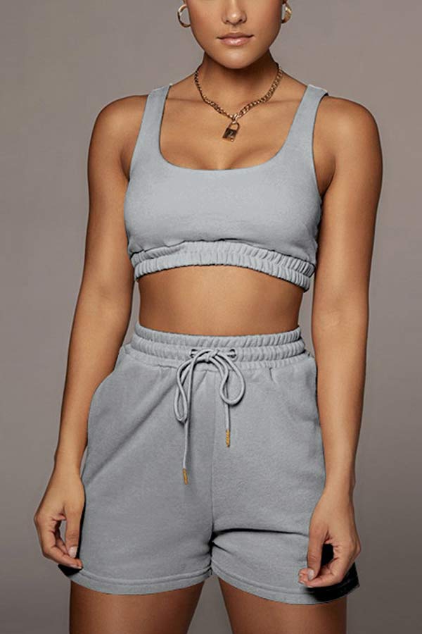 Casual Sport Solid Short Vest Shorts Set