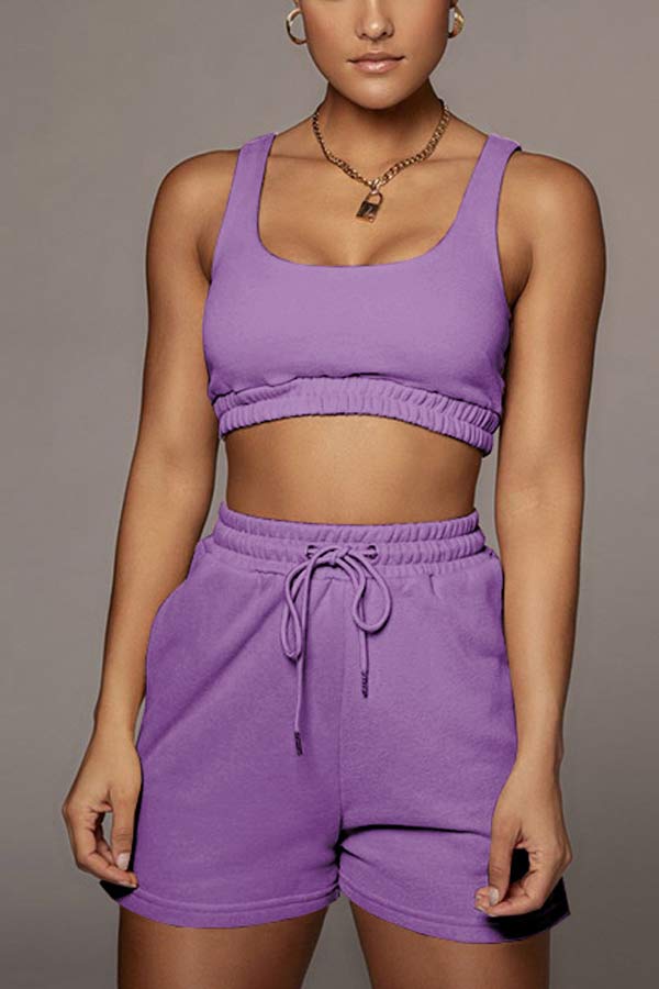 Casual Sport Solid Short Vest Shorts Set