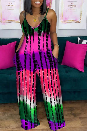 Casual Tie Dye Printed Deep V Sling Jumpsuit