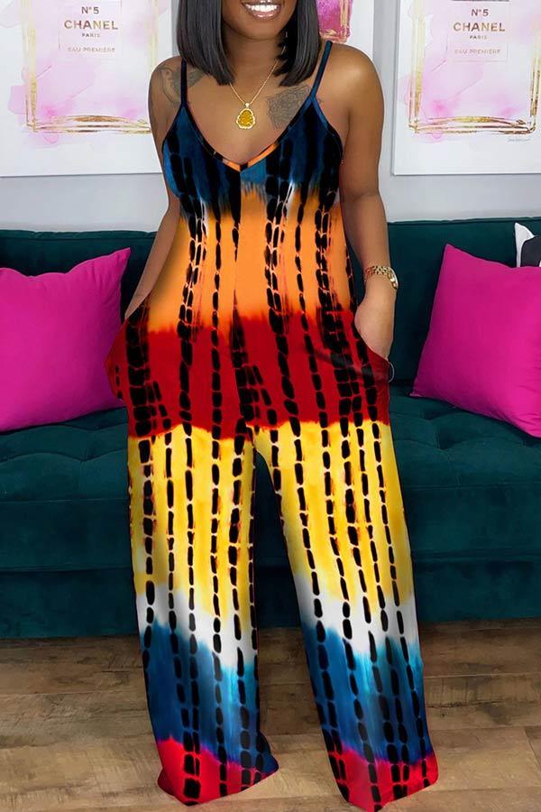 Casual Tie Dye Printed Deep V Sling Jumpsuit