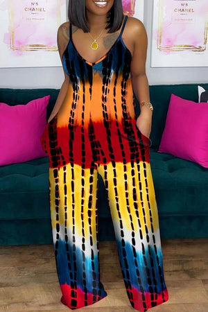 Casual Tie Dye Printed Deep V Sling Jumpsuit