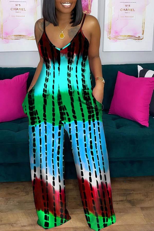 Casual Tie Dye Printed Deep V Sling Jumpsuit