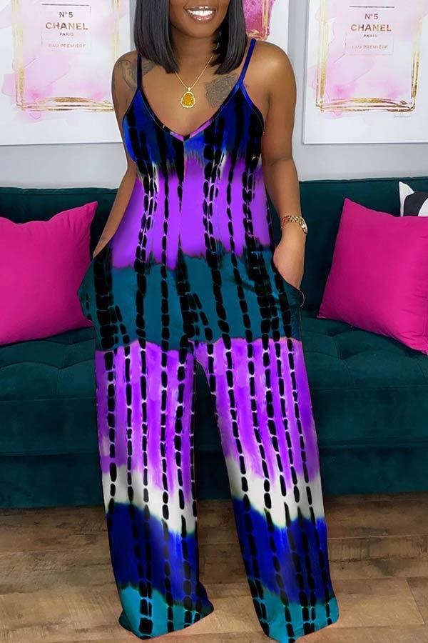 Casual Tie Dye Printed Deep V Sling Jumpsuit