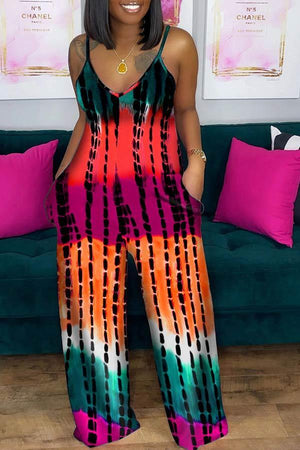 Casual Tie Dye Printed Deep V Sling Jumpsuit