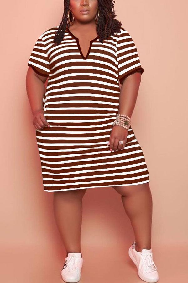 Casual V-Neck Striped Plus Size Pocket Dress