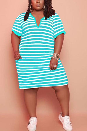 Casual V-Neck Striped Plus Size Pocket Dress