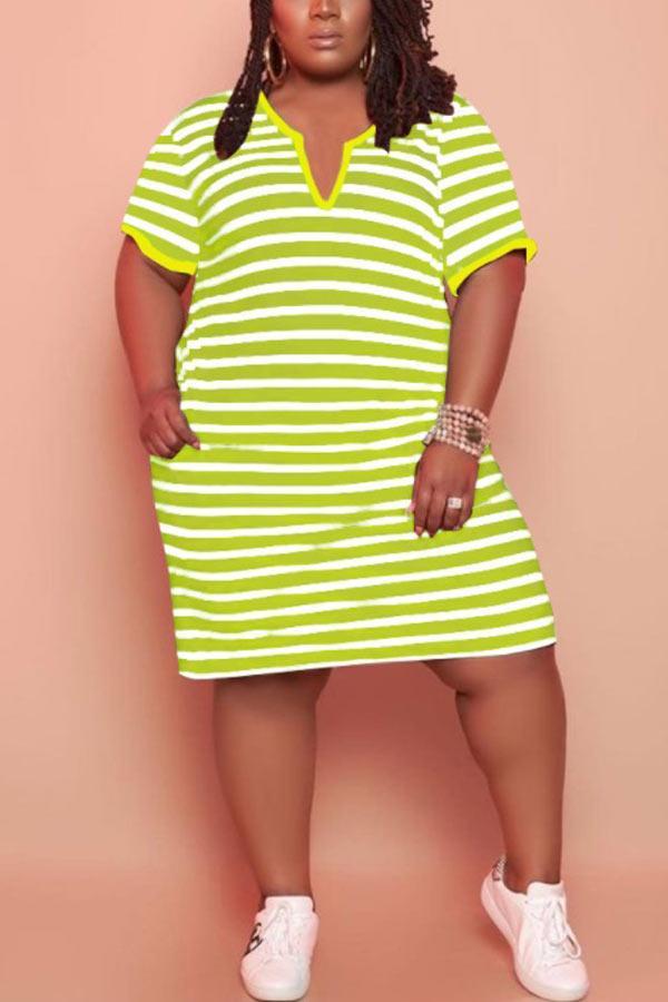 Casual V-Neck Striped Plus Size Pocket Dress