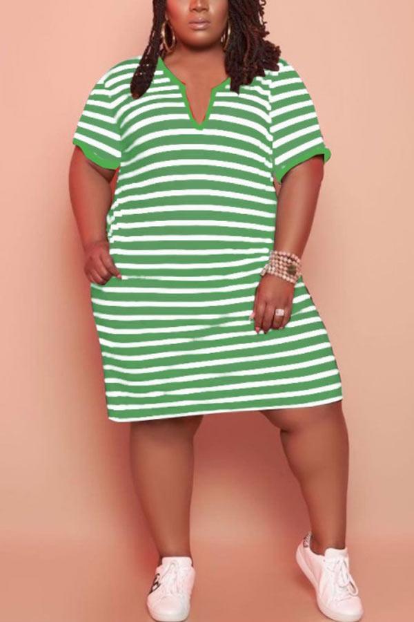 Casual V-Neck Striped Plus Size Pocket Dress