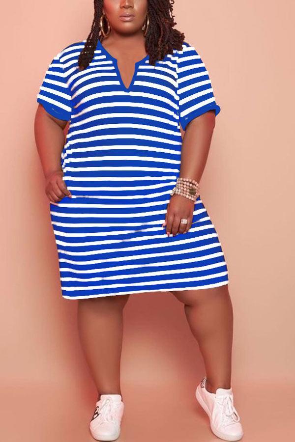 Casual V-Neck Striped Plus Size Pocket Dress