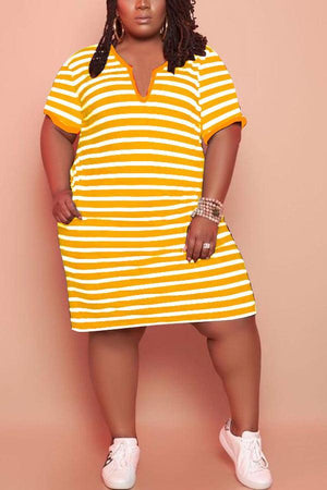 Casual V-Neck Striped Plus Size Pocket Dress