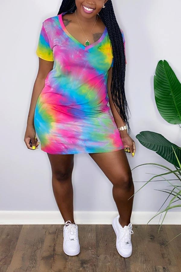 Casual V Neck Tie Dye Dress